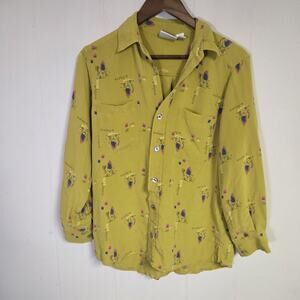 Vintage Chicos Yellow Silk Patterned Button Down Top Size 1 (Missing Button)
